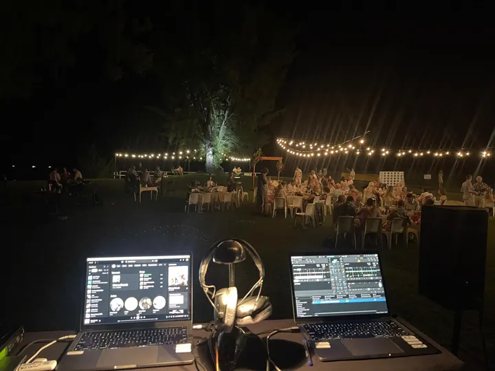 Garden lit with fairy lights at night