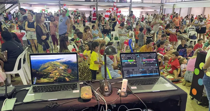 Colourful crowd at a community hall party