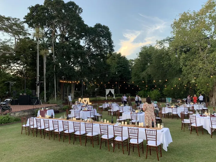Long tables on a lawn for a wedding