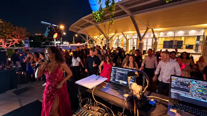 Singer performing to a crowd at an outdoor night event